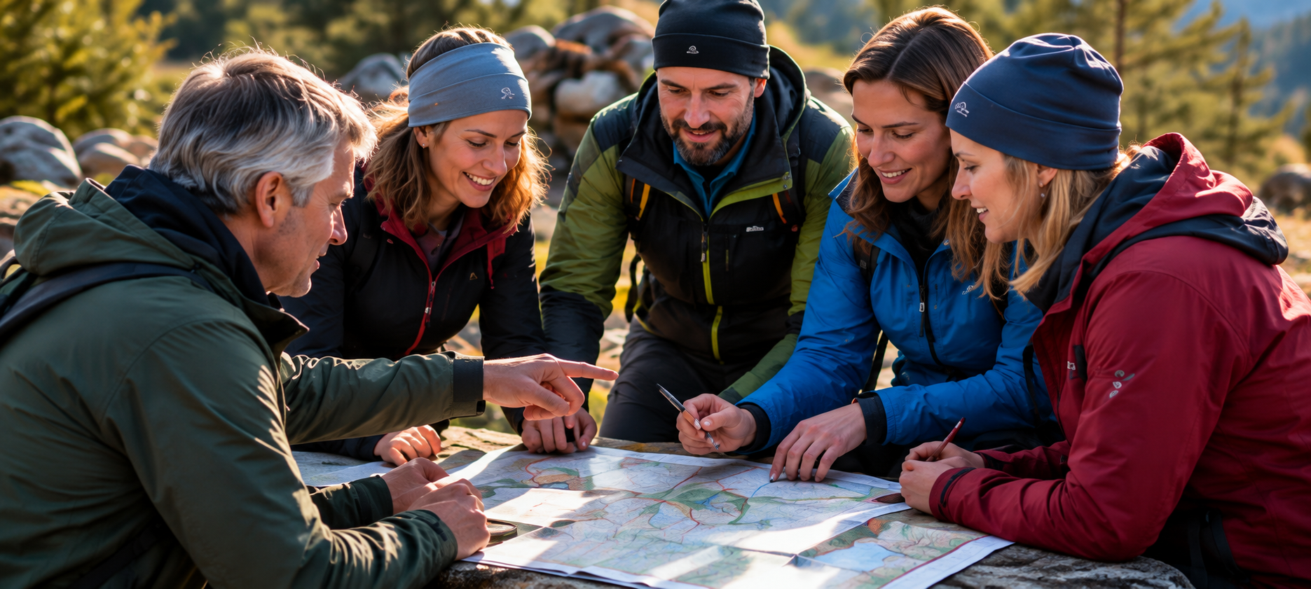 Fem deltagere i outdoortøj planlægger en rute sammen over et kort på en klippe